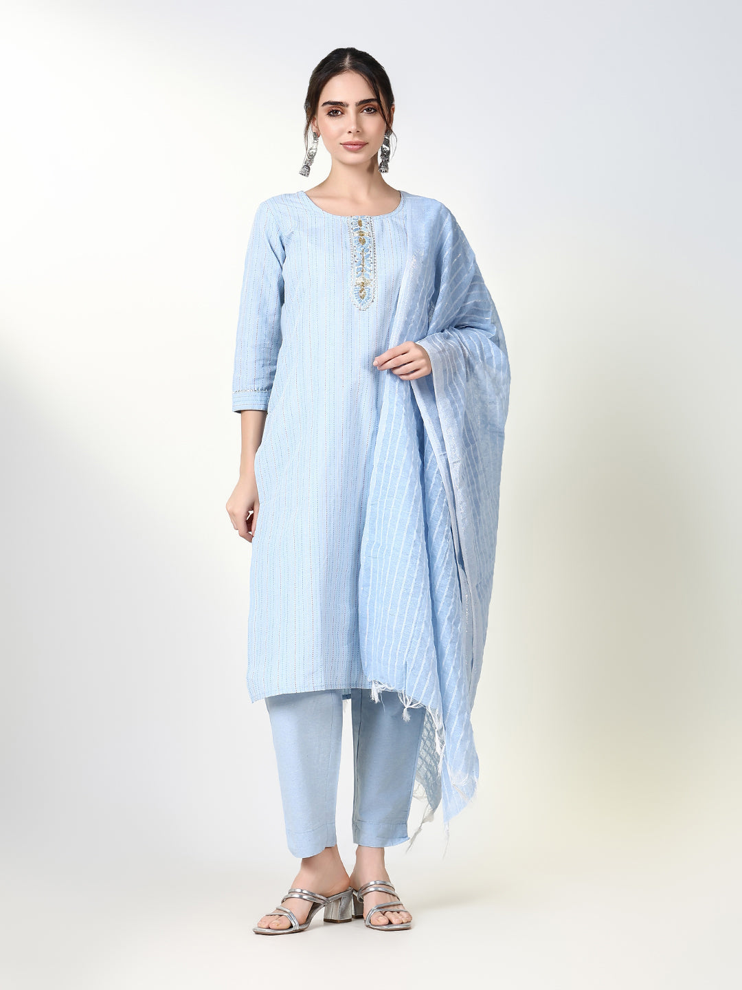 Women Striped Blue Straight Kurta Set with Dupatta