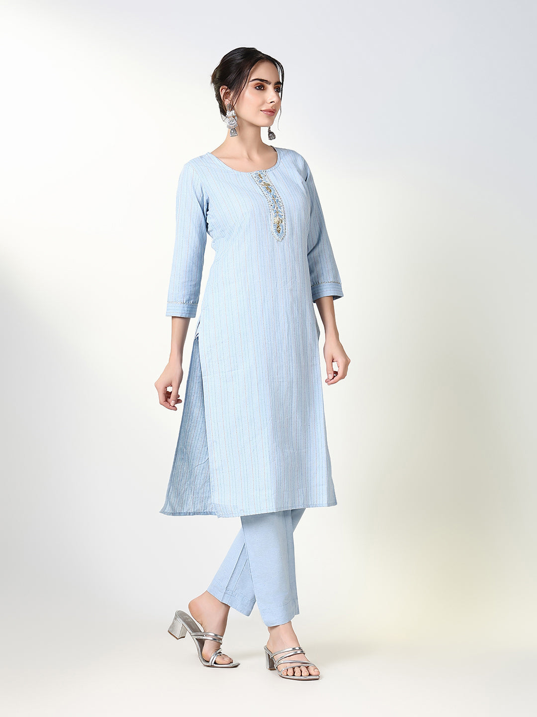 Women Striped Blue Straight Kurta Set with Dupatta