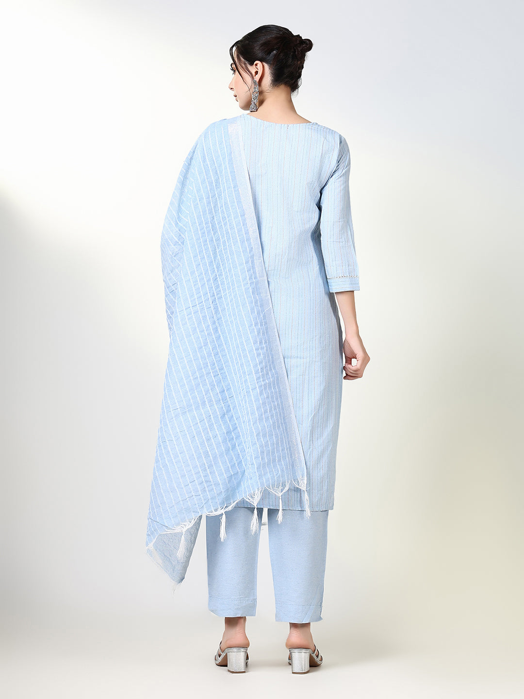 Women Striped Blue Straight Kurta Set with Dupatta