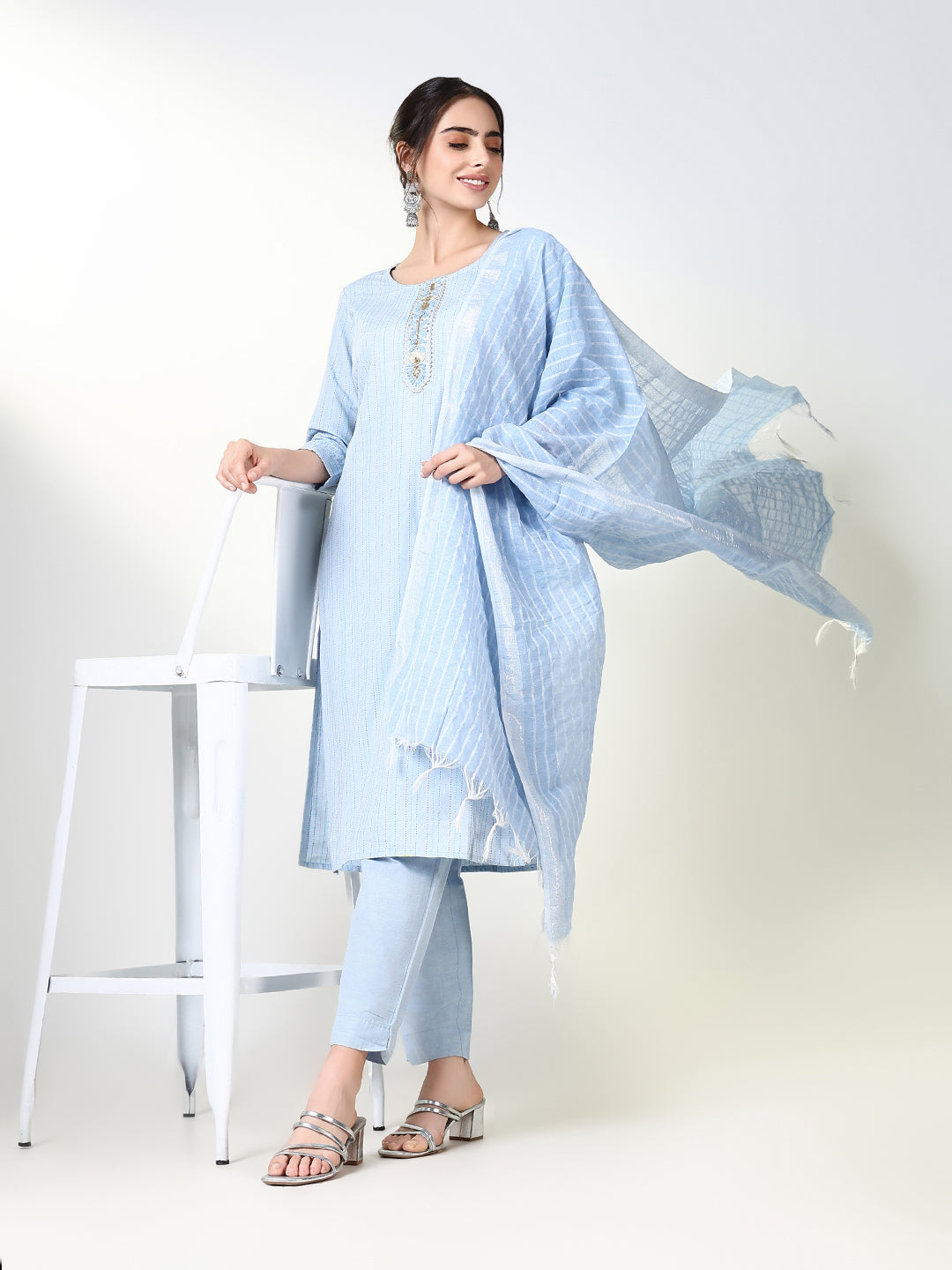 Women Striped Blue Straight Kurta Set with Dupatta