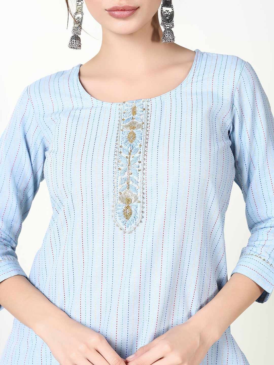 Women Striped Blue Straight Kurta Set with Dupatta