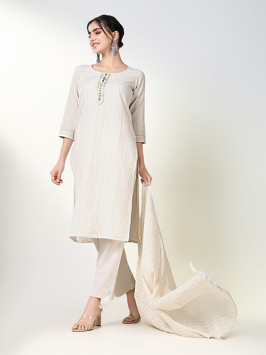 Women Striped Cream Straight Kurta Set with Dupatta