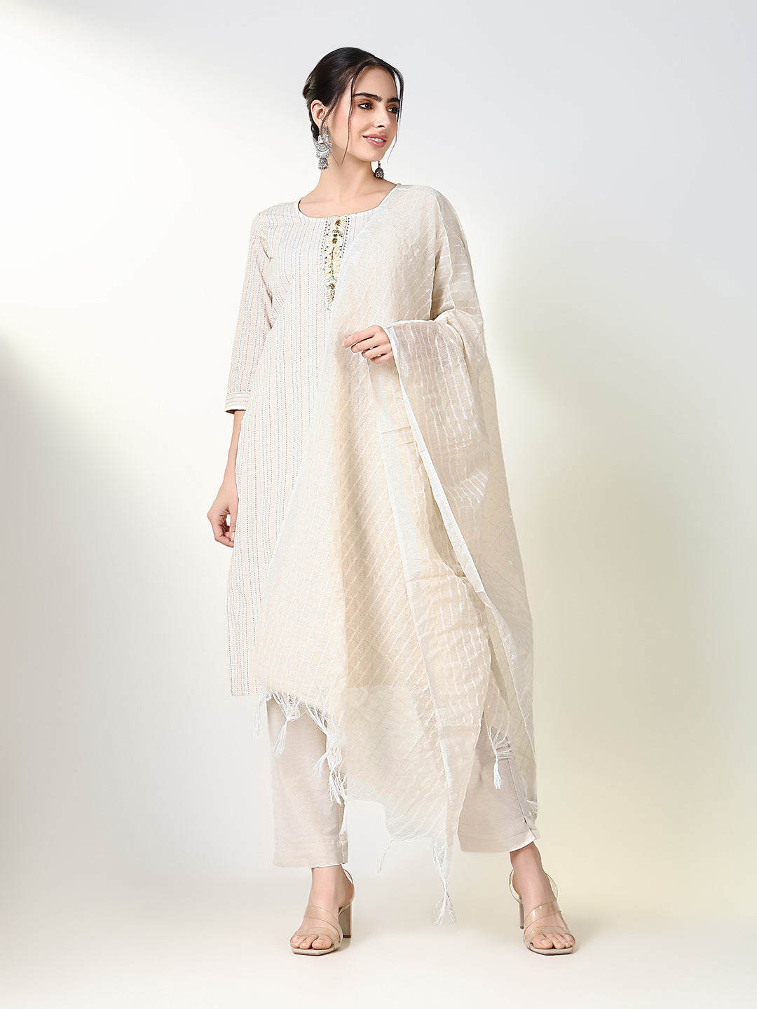 Women Striped Cream Straight Kurta Set with Dupatta