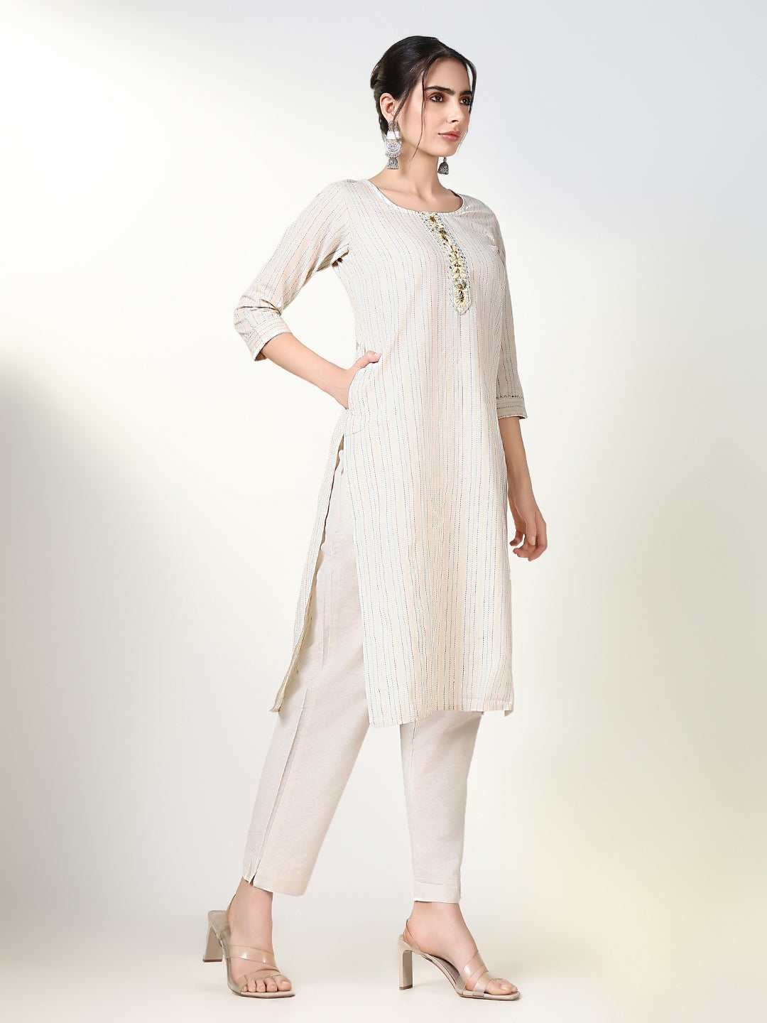 Women Striped Cream Straight Kurta Set with Dupatta