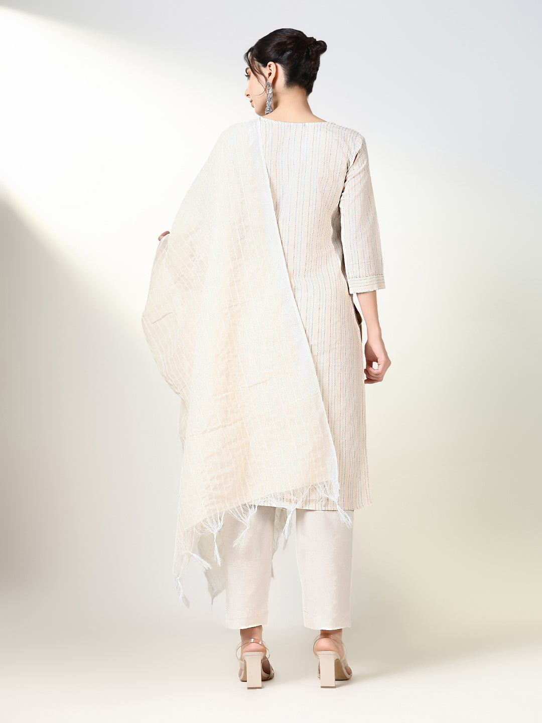 Women Striped Cream Straight Kurta Set with Dupatta