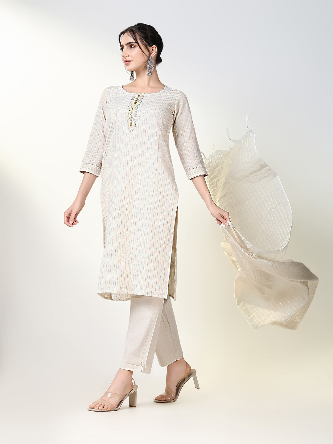 Women Striped Cream Straight Kurta Set with Dupatta