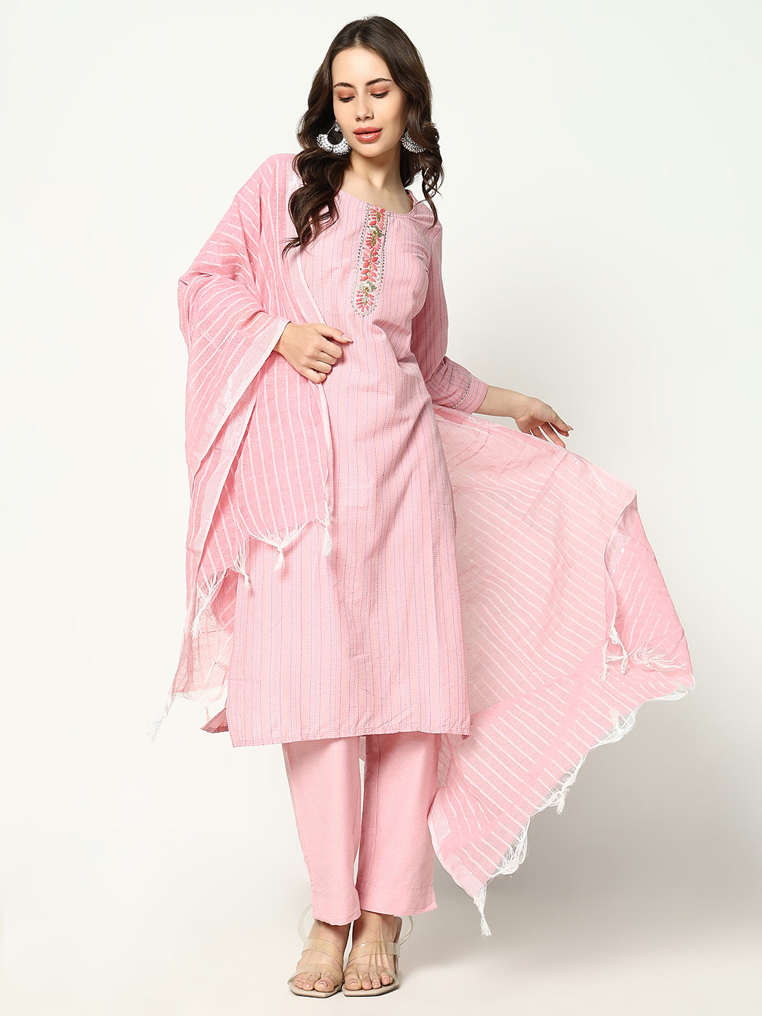 Women Striped Pink Kurta Set with Dupatta