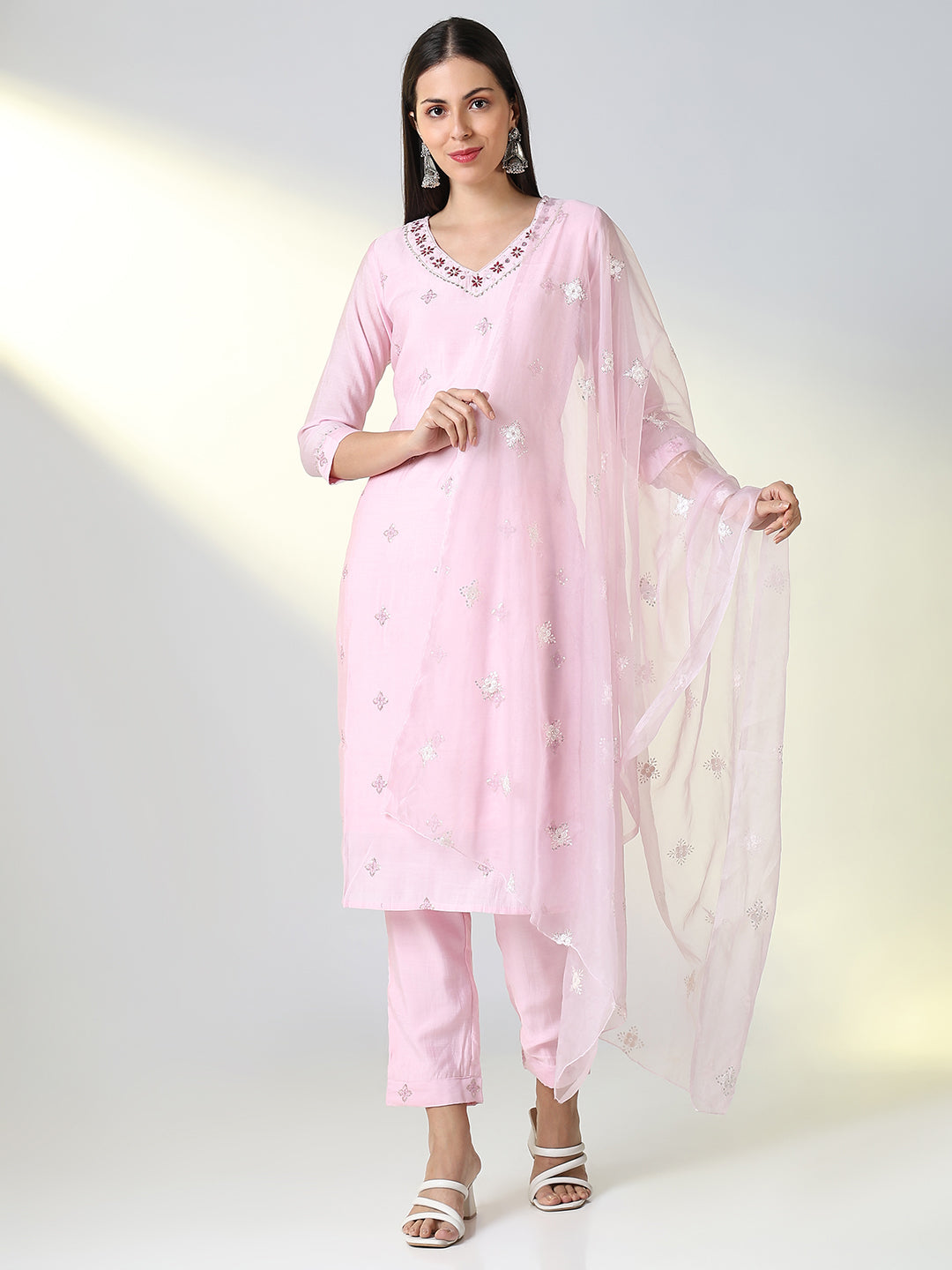 Women Pink Solid Straight Kurta Set with Dupatta