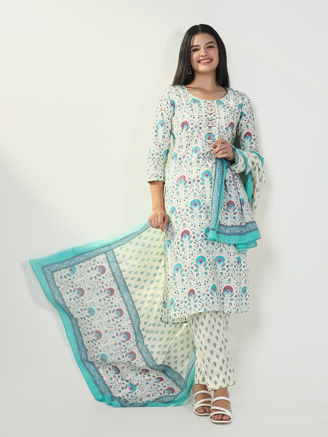 Women Floral Blue Kurta Set with Dupatta