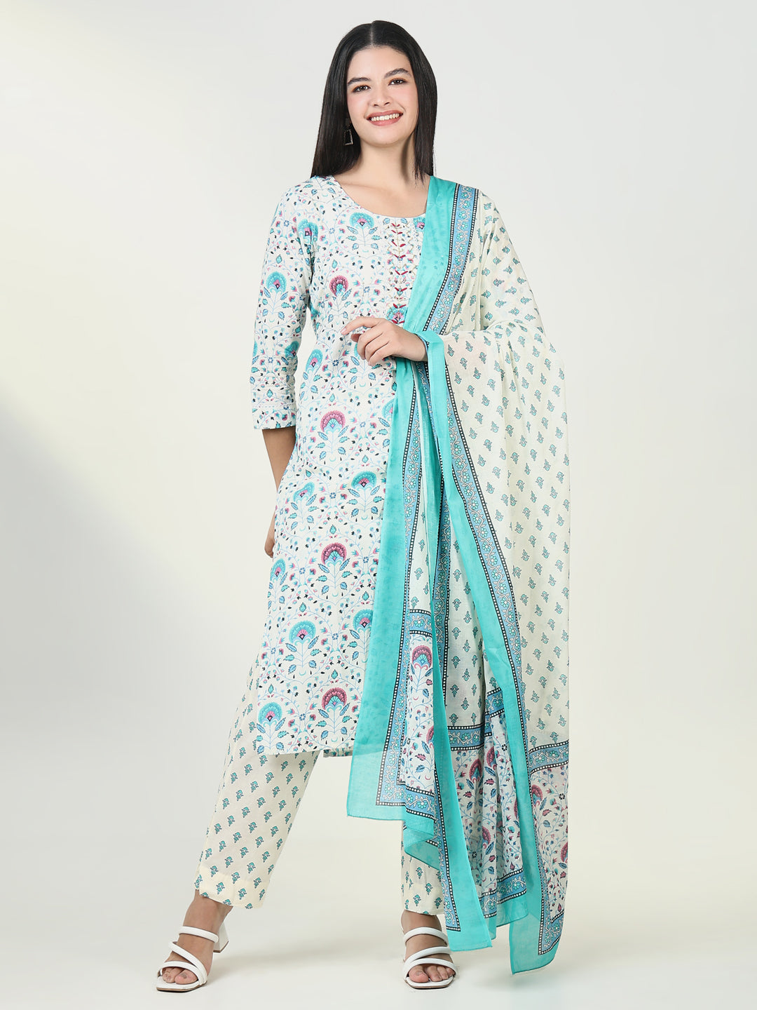 Women Floral Blue Kurta Set with Dupatta