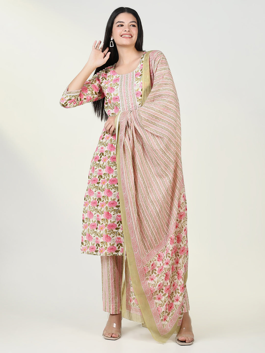 Women Floral Pink Kurta Set with Dupatta