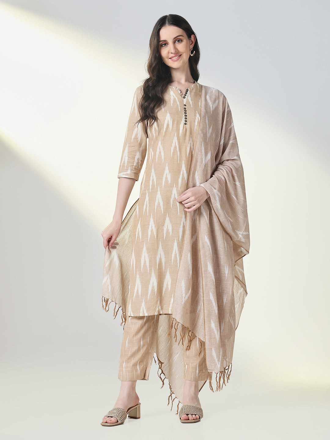 Women Beige Graphic Straight Kurta Set with Dupatta