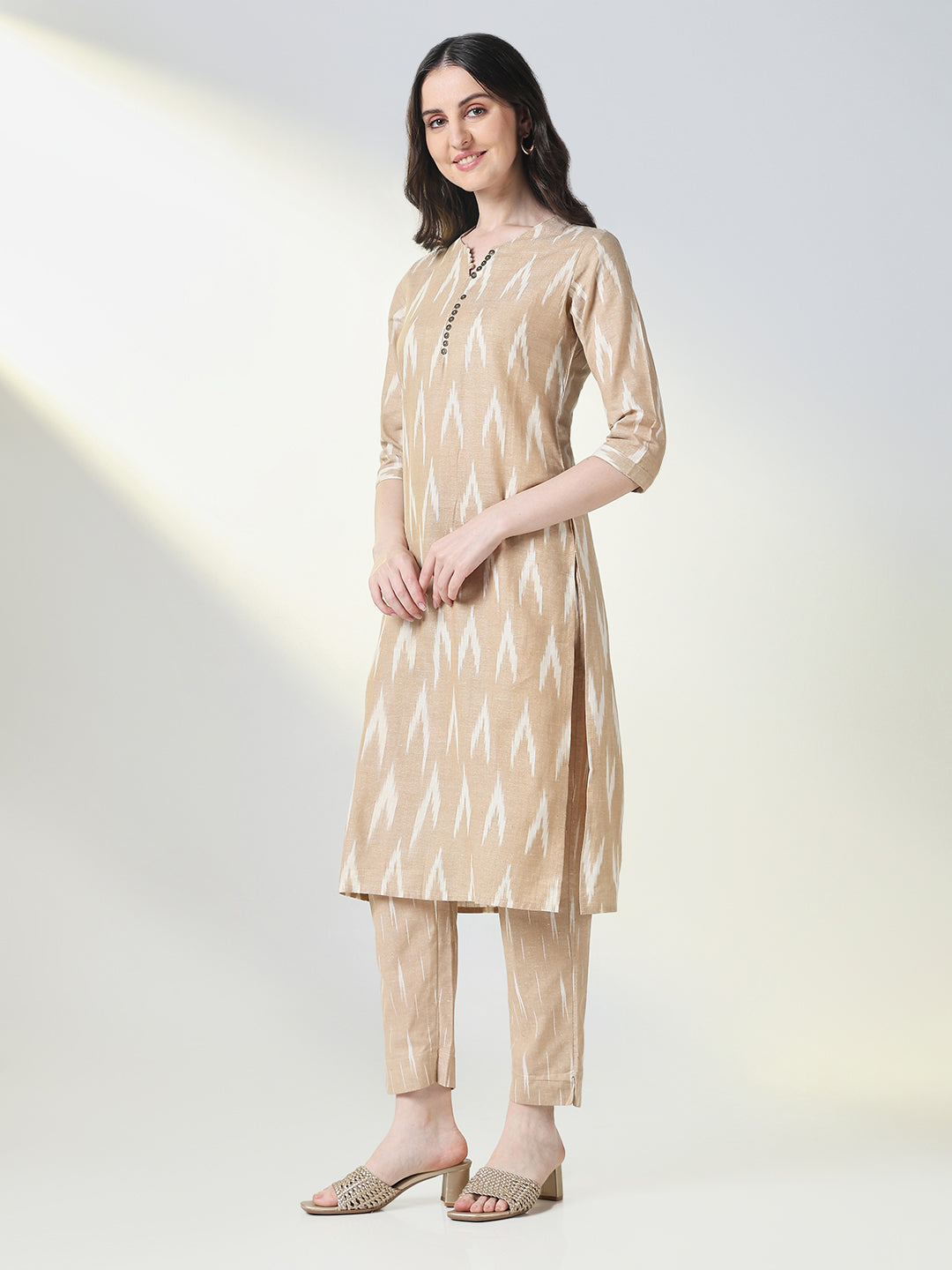 Women Beige Graphic Straight Kurta Set with Dupatta