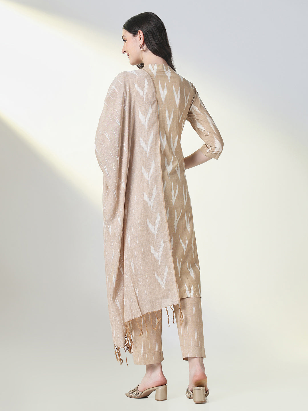 Women Beige Graphic Straight Kurta Set with Dupatta