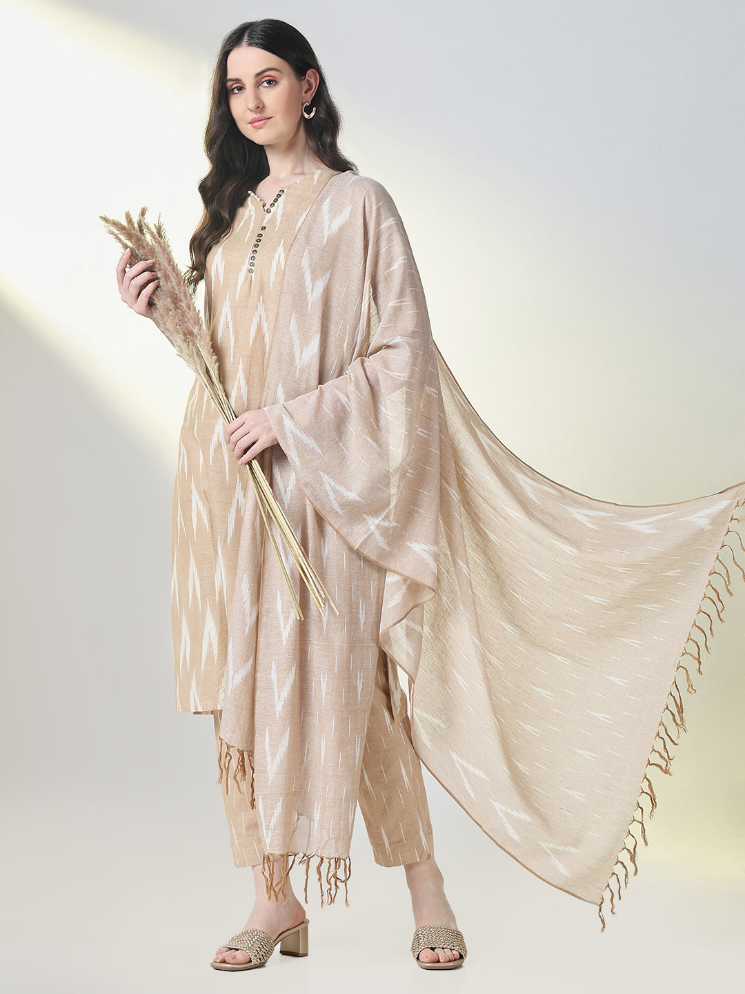 Women Beige Graphic Straight Kurta Set with Dupatta