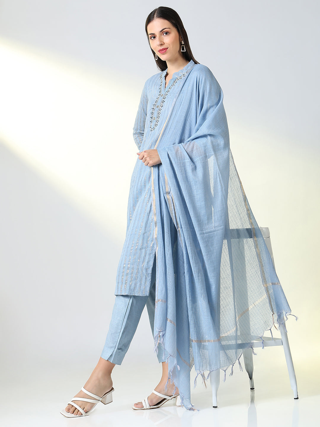 Women Blue Striped Straight Kurta Set with Dupatta