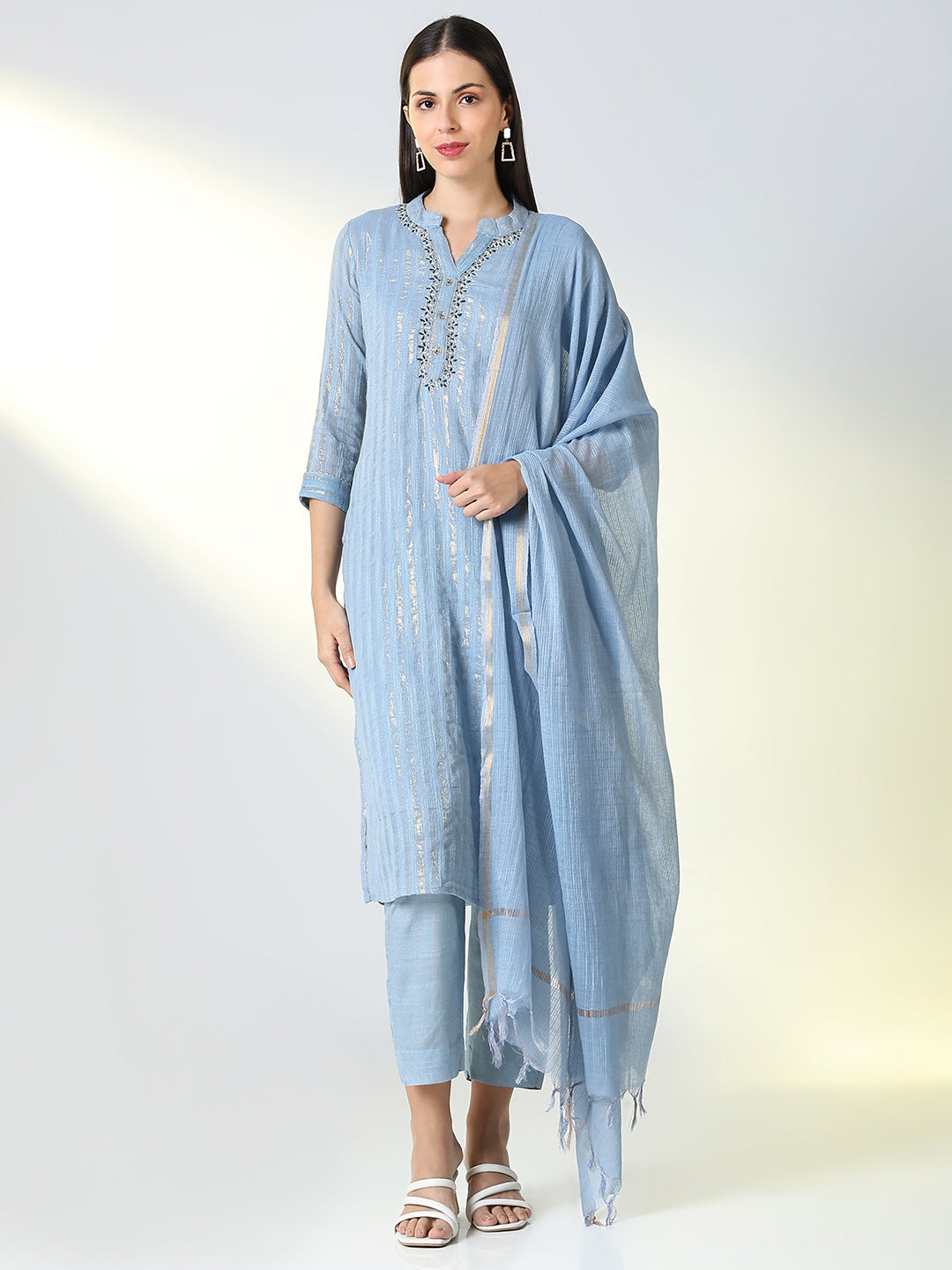 Women Blue Striped Straight Kurta Set with Dupatta