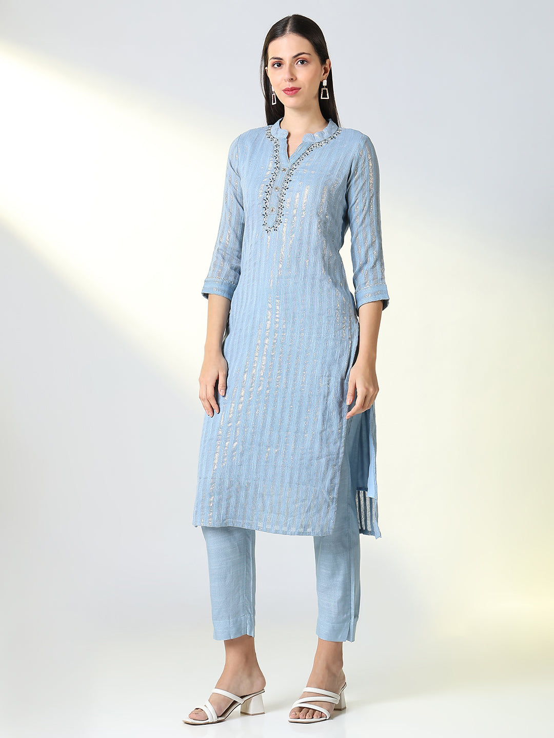 Women Blue Striped Straight Kurta Set with Dupatta