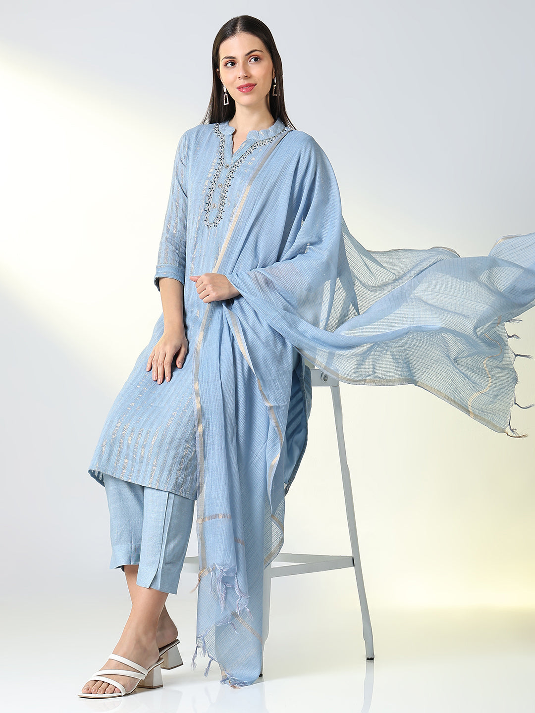 Women Blue Striped Straight Kurta Set with Dupatta