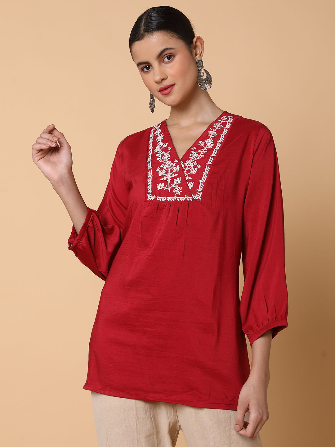 Women Solid Maroon A Line Kurti