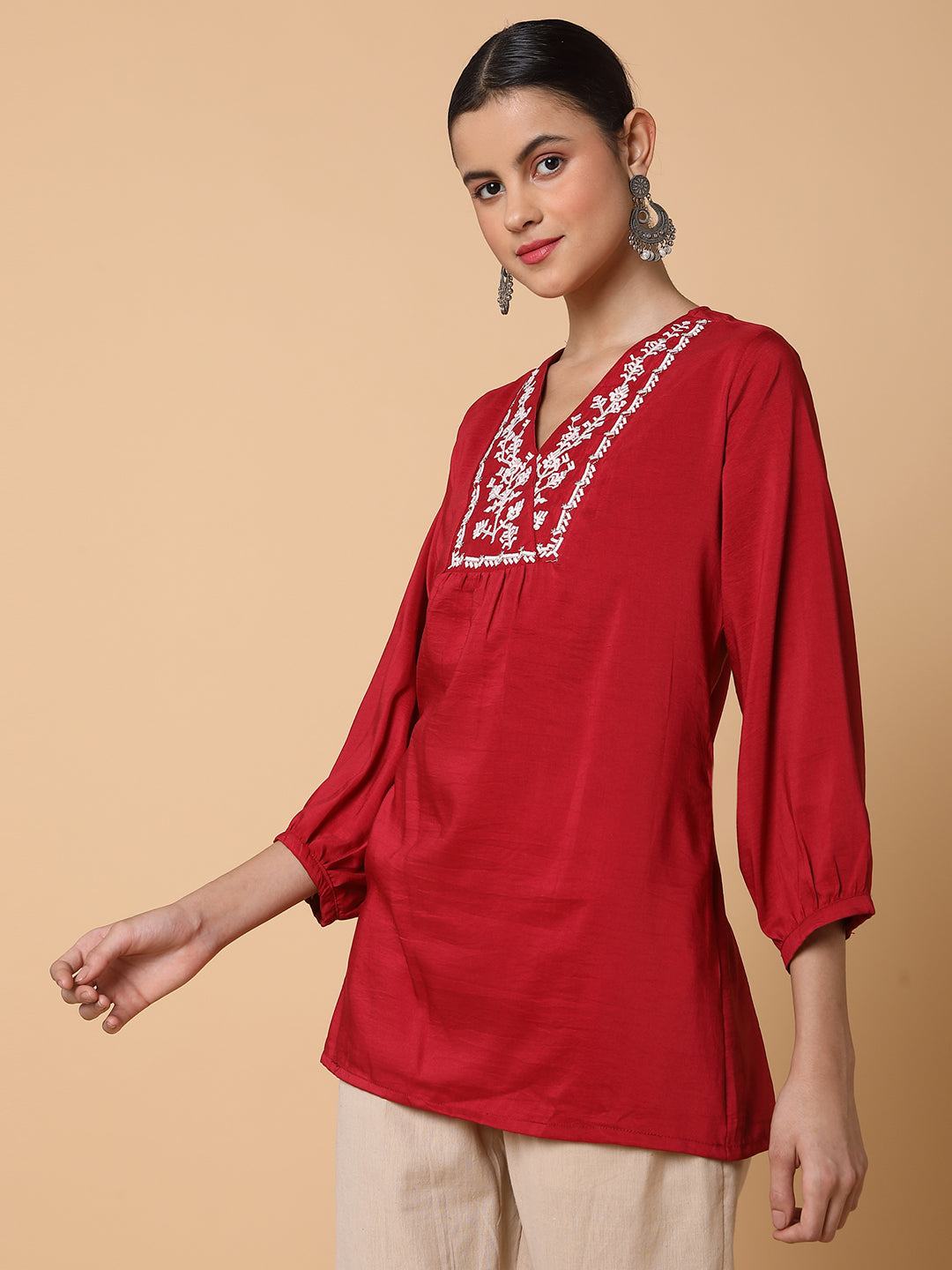 Women Solid Maroon A Line Kurti