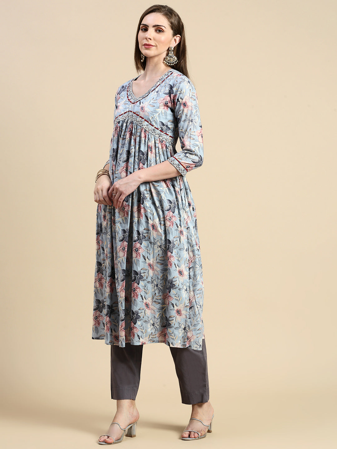 Women Floral Grey Anarkali Kurta Set with Dupatta