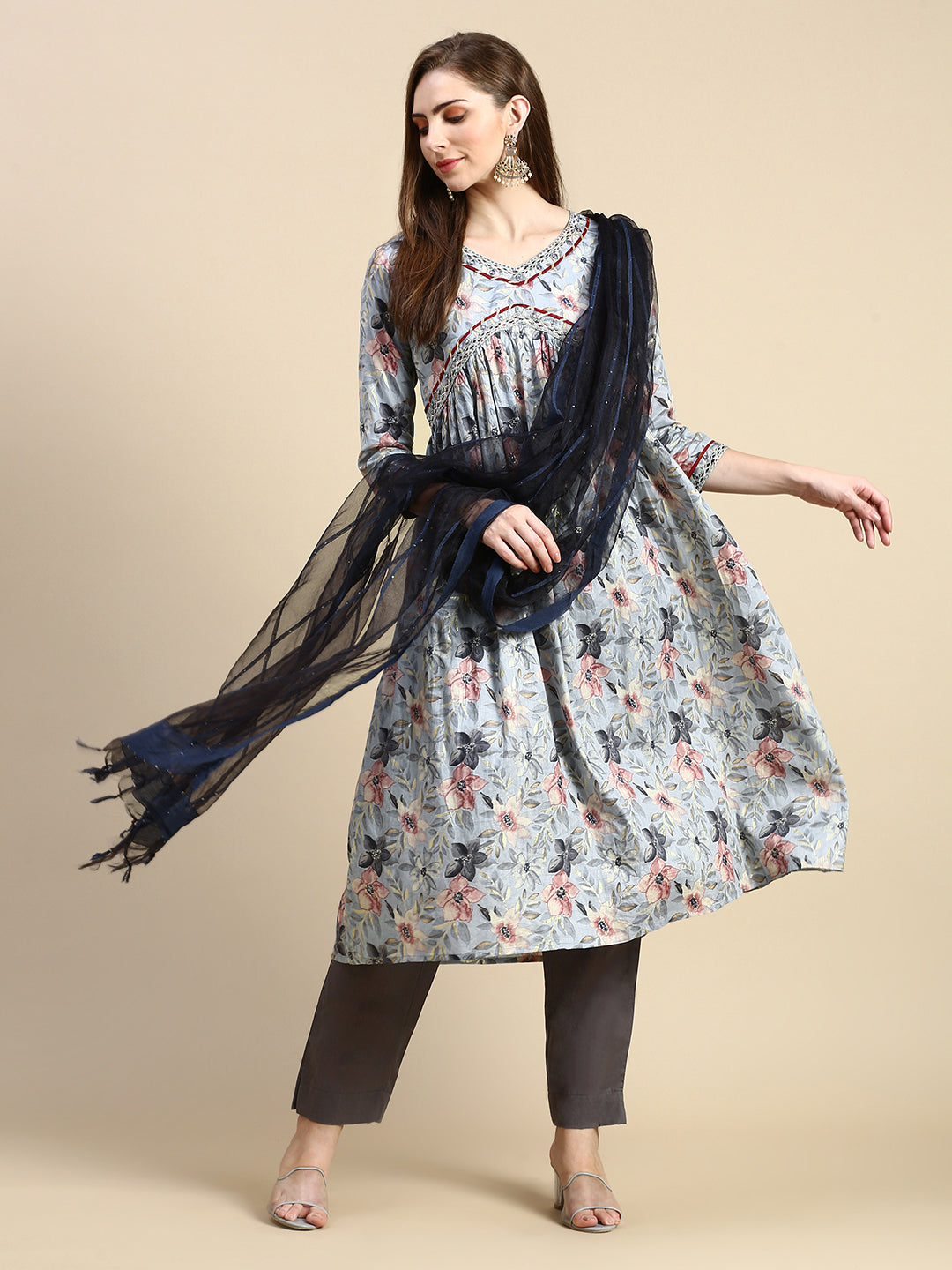 Women Floral Grey Anarkali Kurta Set with Dupatta