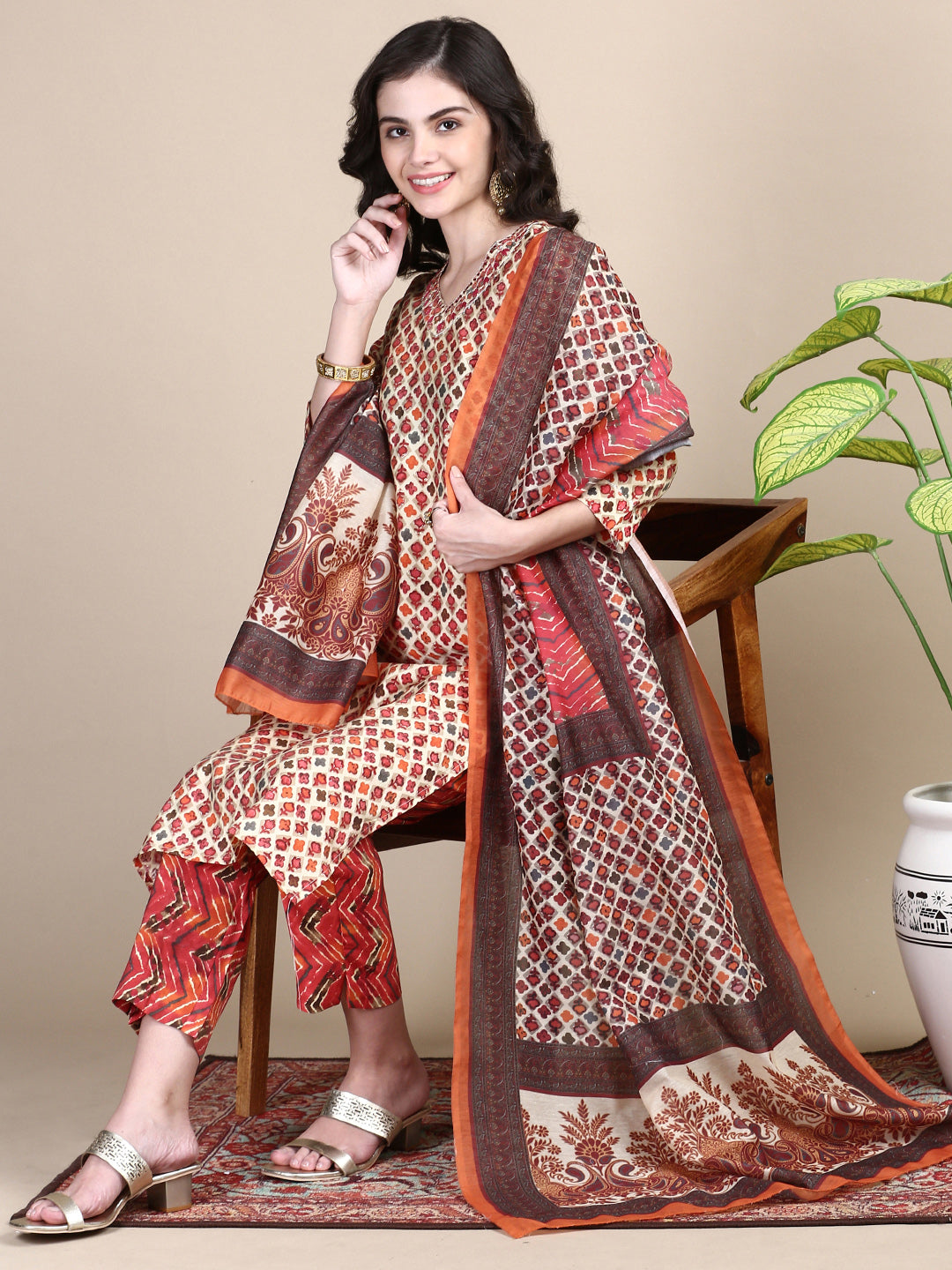 Women Floral Cream Straight Kurta Set with Dupatta