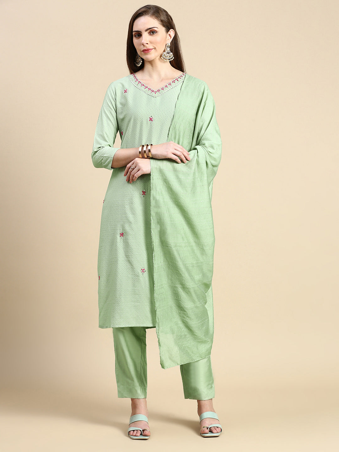 Women Woven Design Sea Green Straight Kurta Set with Dupatta