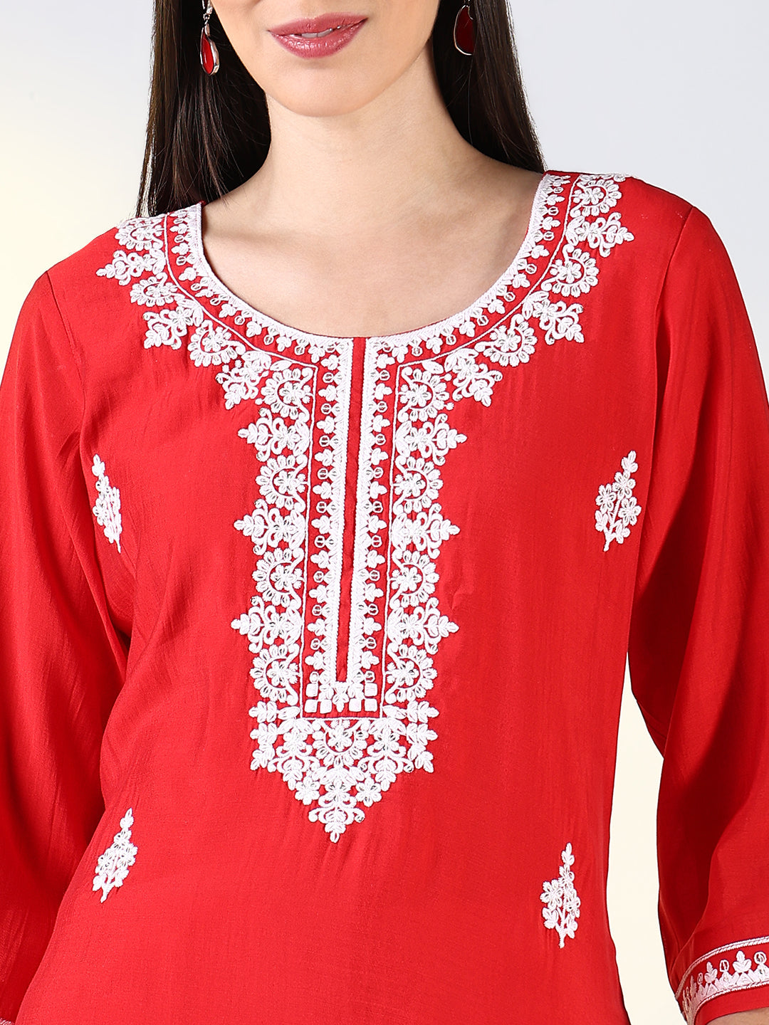 Women Red Floral Straight Kurta Set with Dupatta