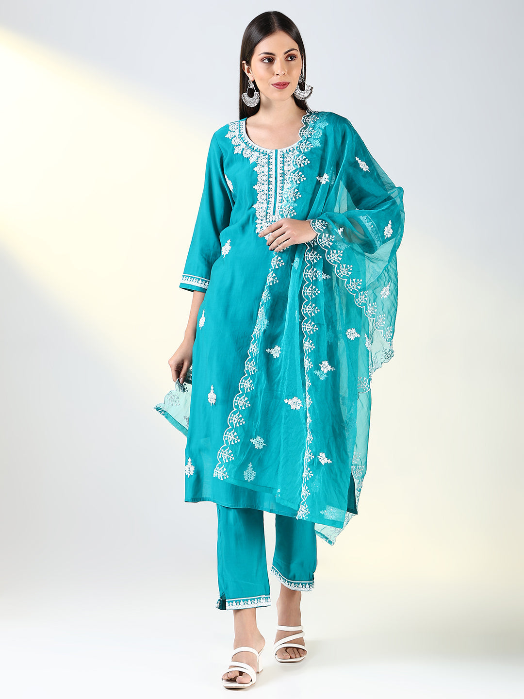 Women Teal Floral Straight Kurta Set with Dupatta