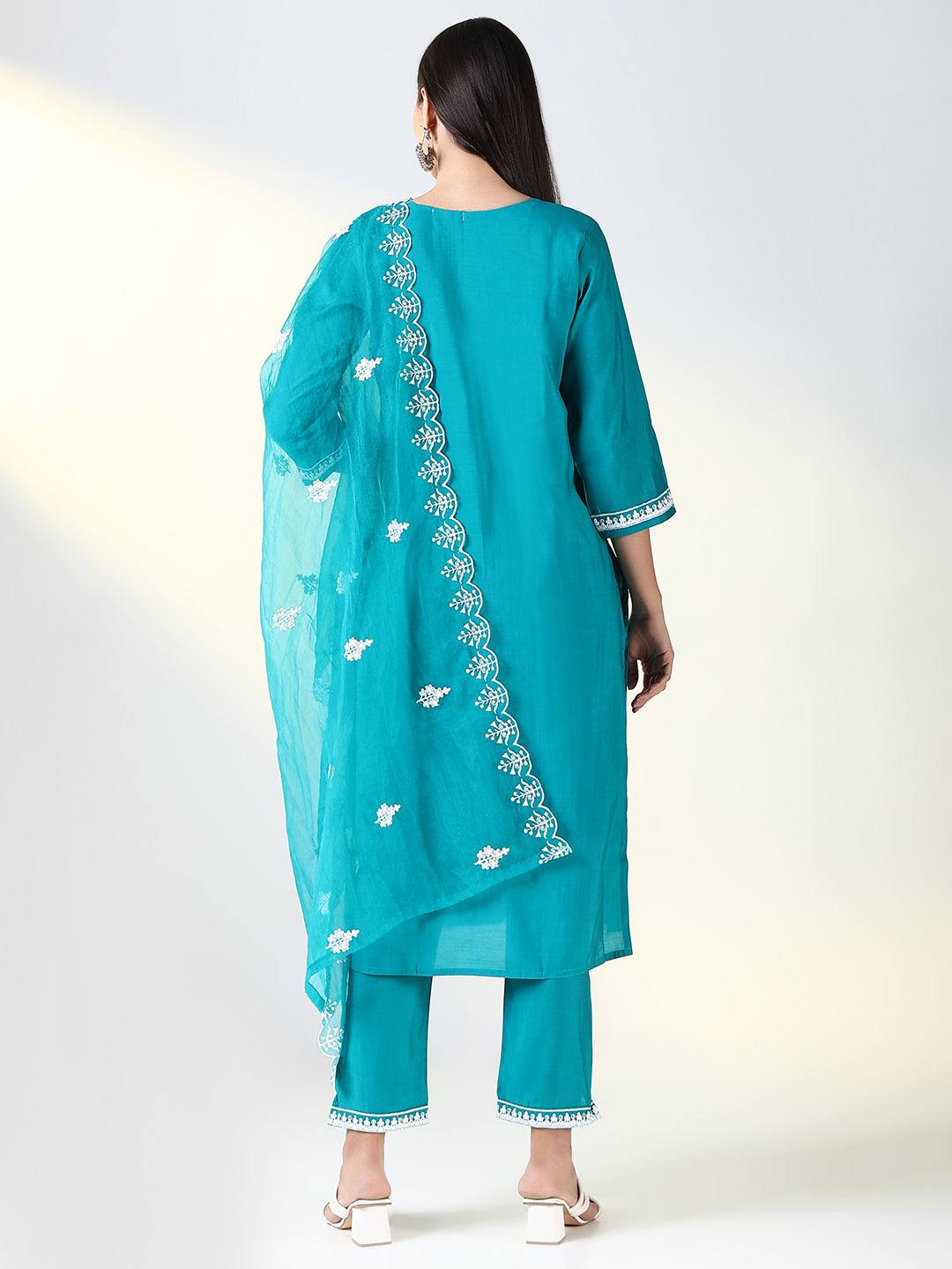 Women Teal Floral Straight Kurta Set with Dupatta