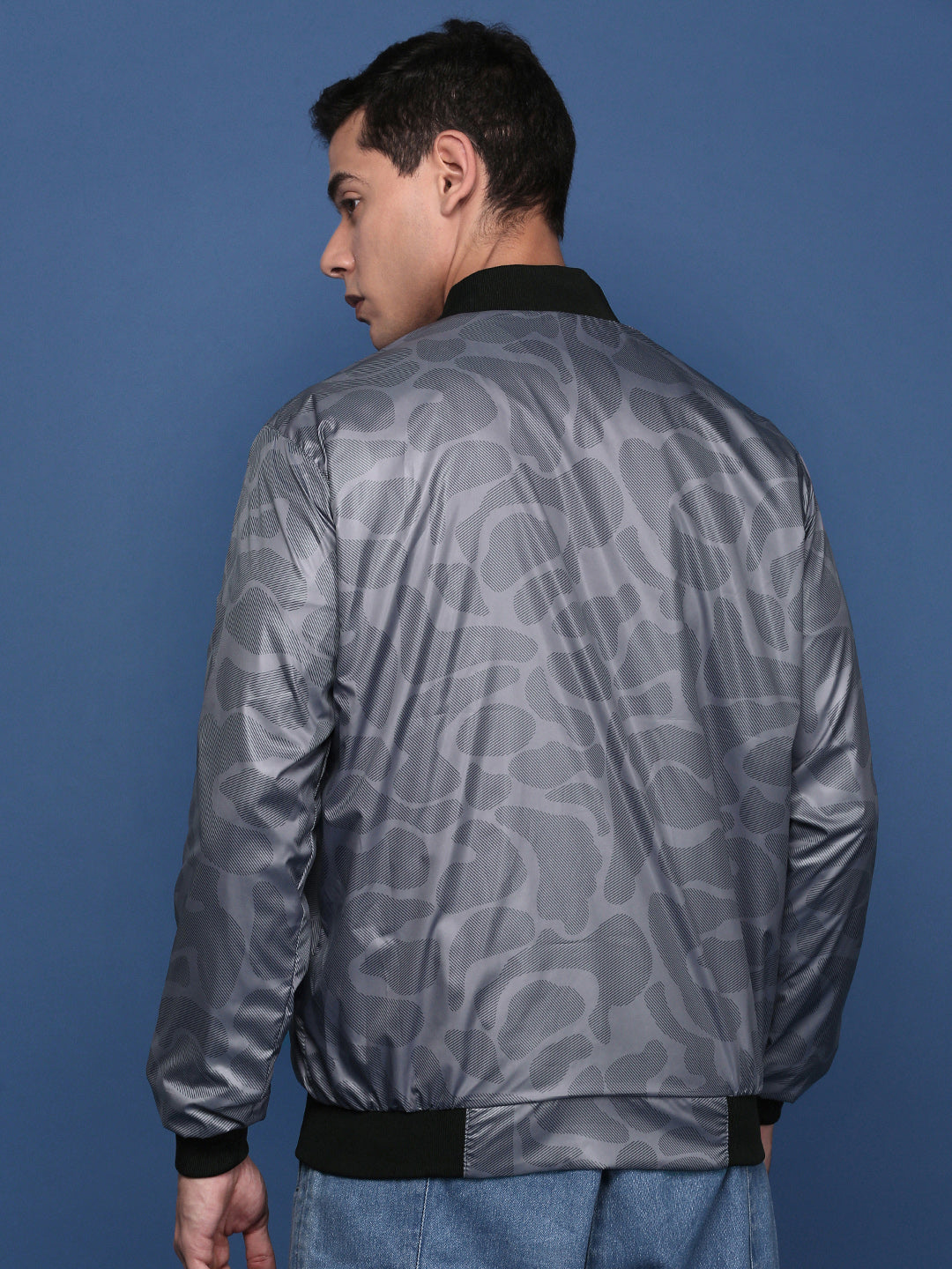 Men Printed Grey Bomber Jacket