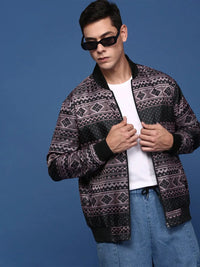 Men's Black Abstract Printed Windcheater Longline Bomber Jacket