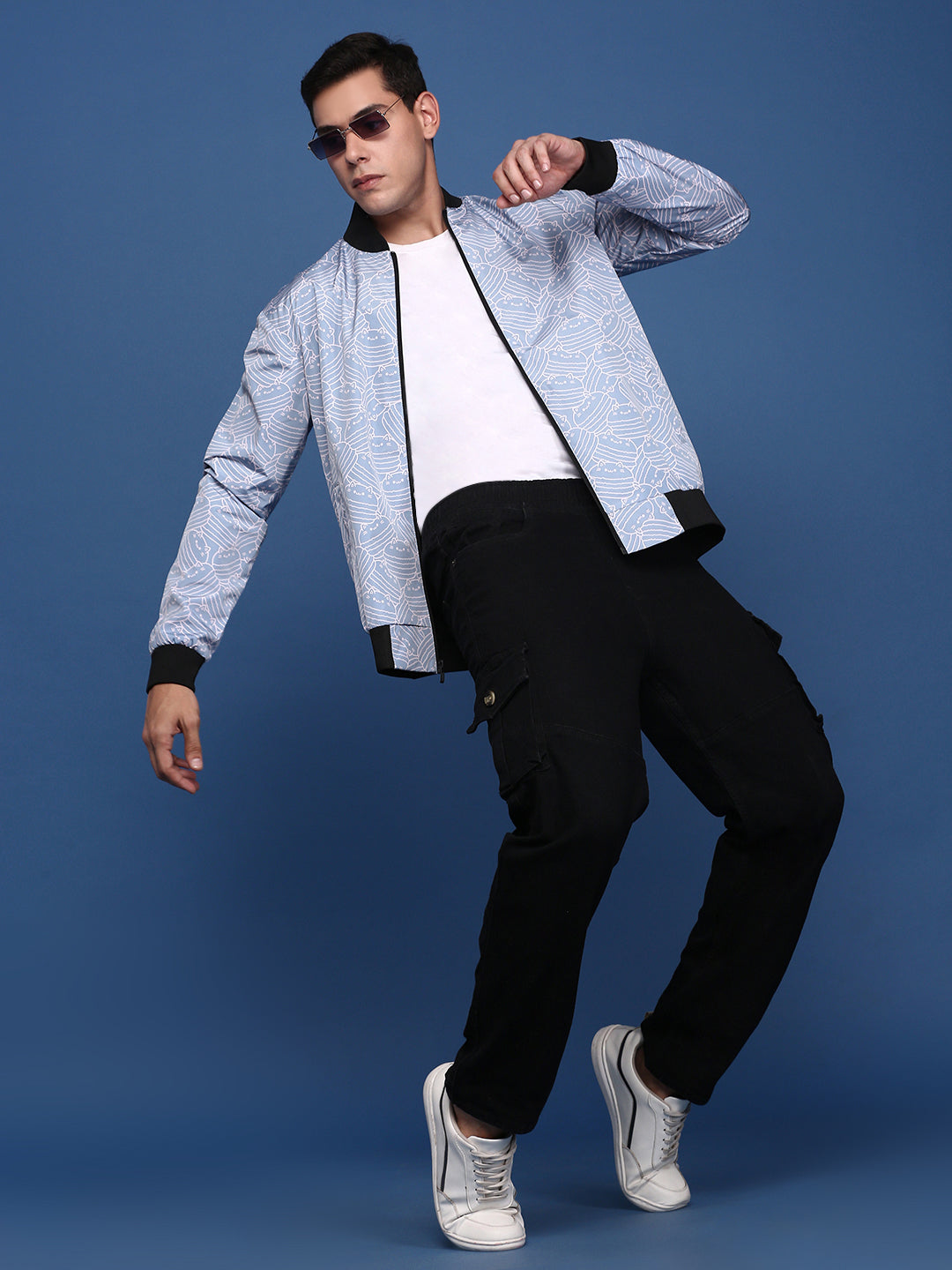 Men Printed Blue Bomber Jacket