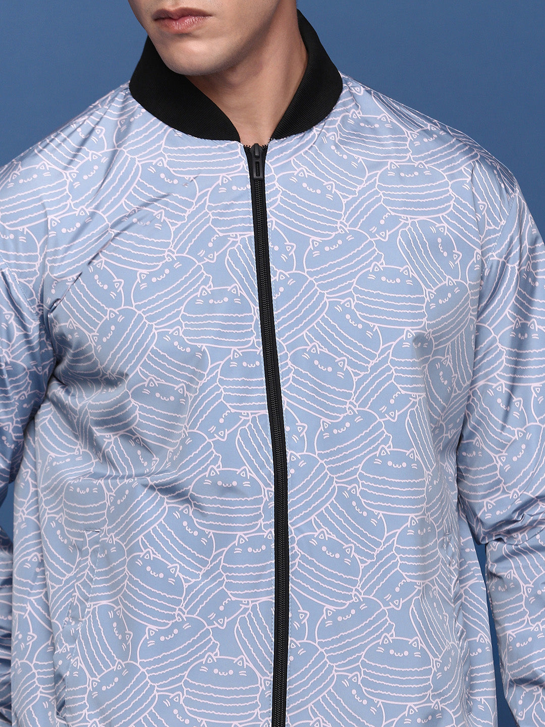 Men Printed Blue Bomber Jacket