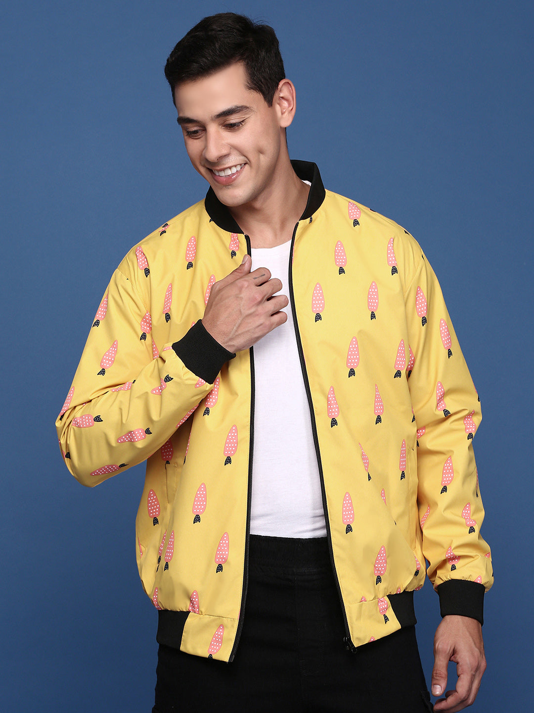 Men Printed Mustard Bomber Jacket