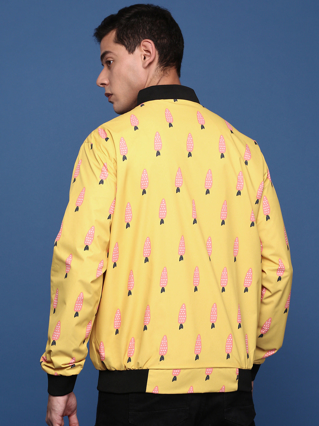 Men Printed Mustard Bomber Jacket