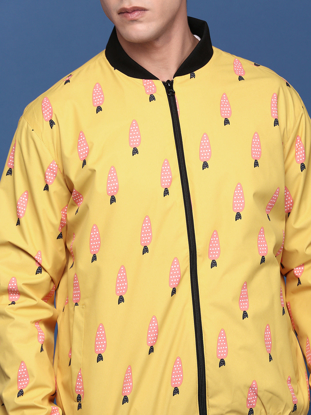 Men Printed Mustard Bomber Jacket