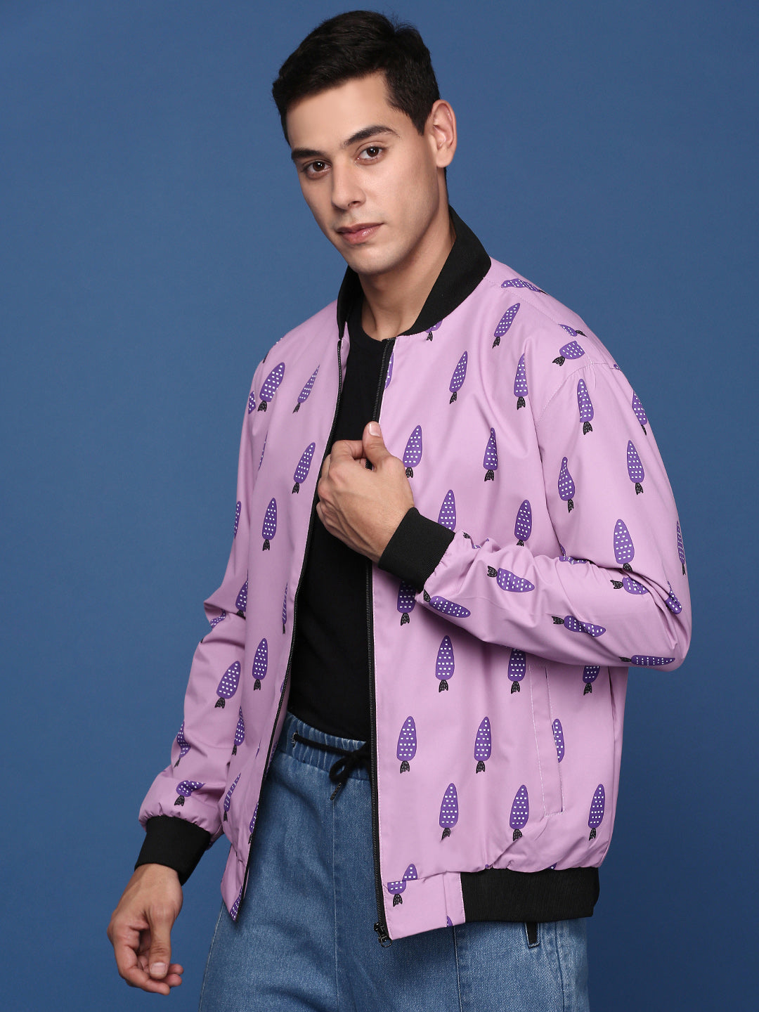 Men Printed Pink Bomber Jacket