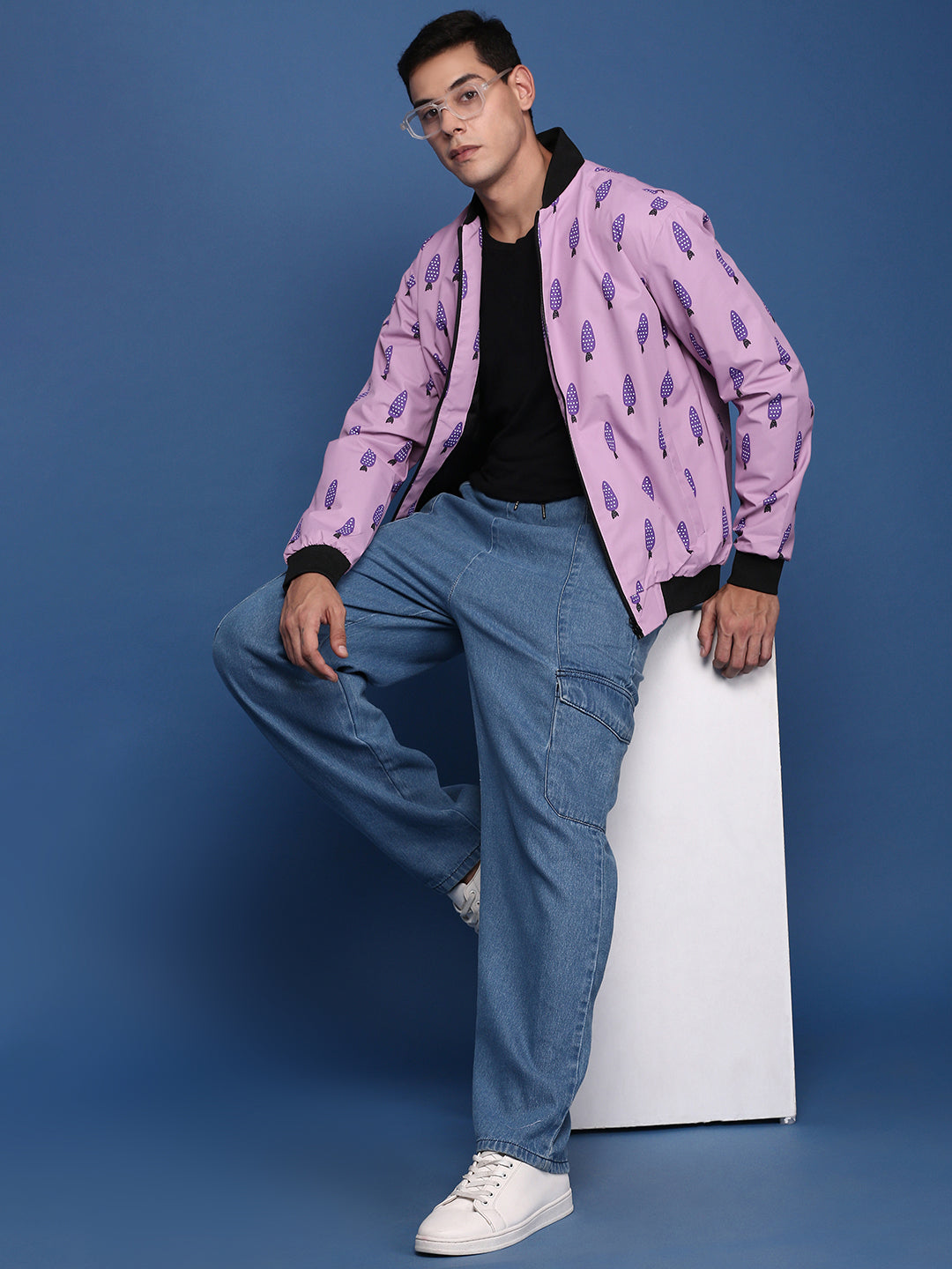 Men Printed Pink Bomber Jacket