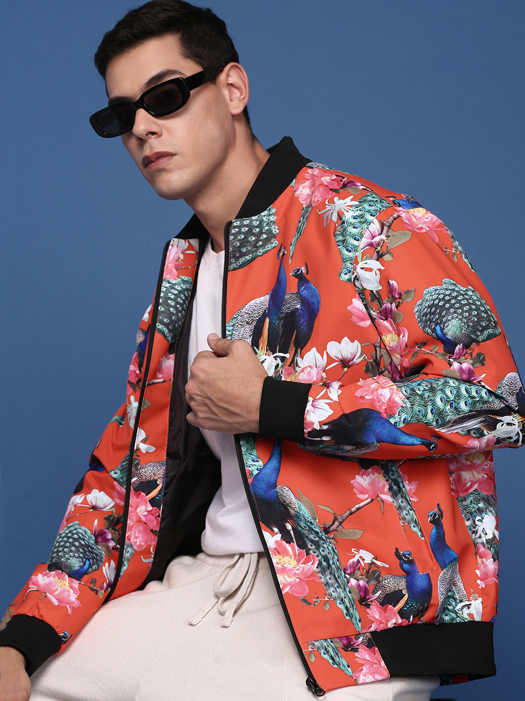 Men Printed Orange Bomber Jacket