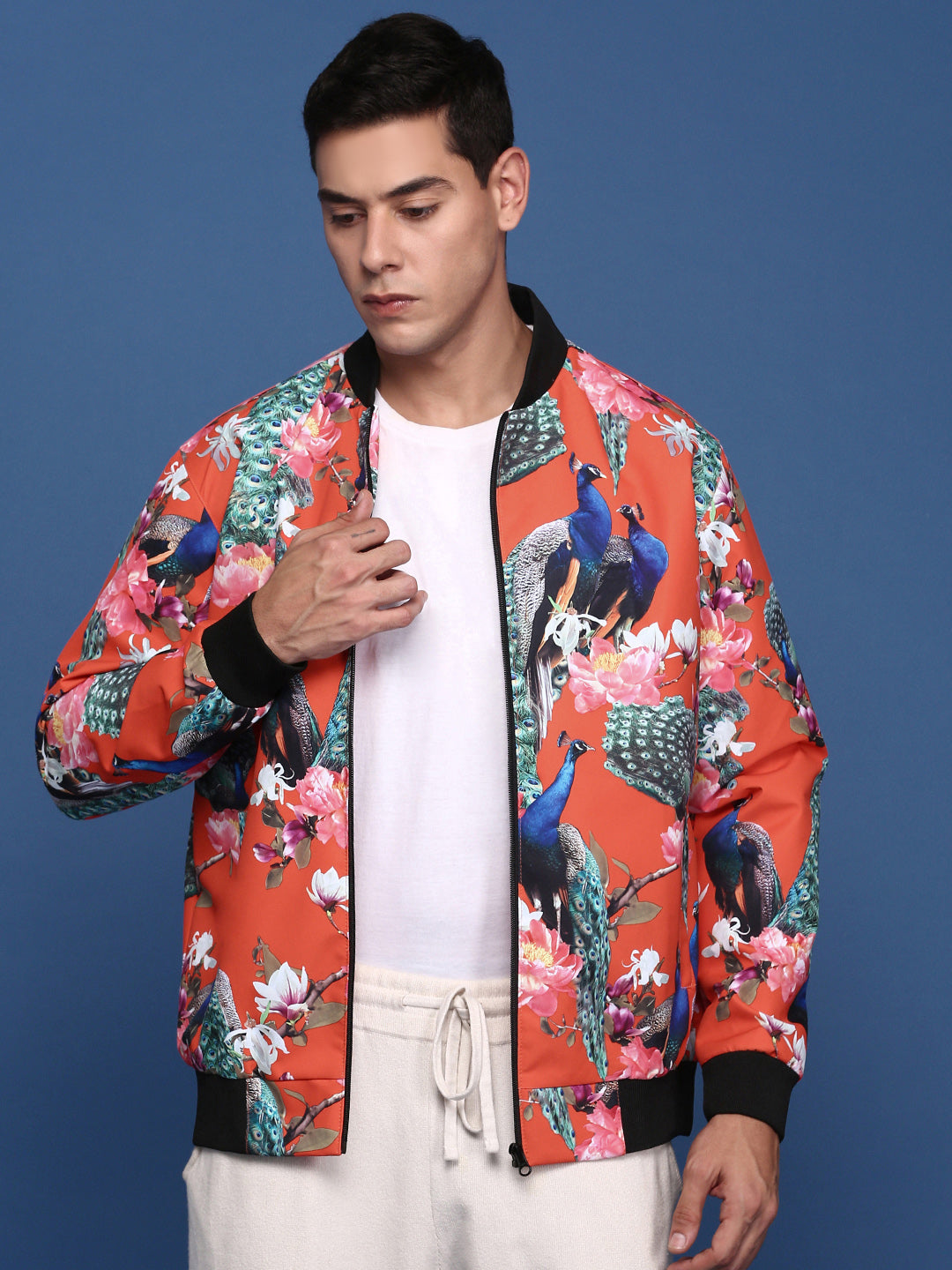 Men Printed Orange Bomber Jacket