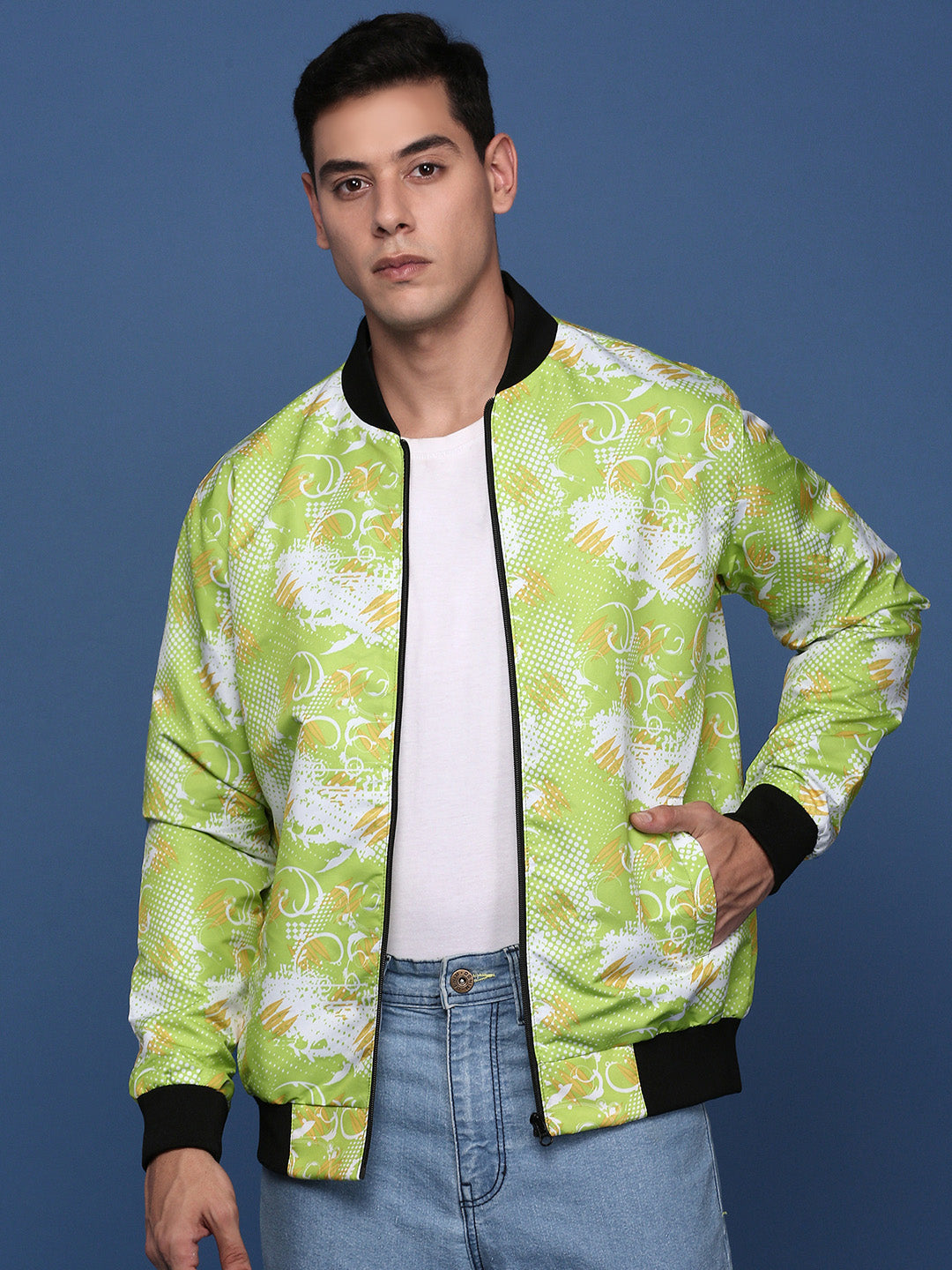 Men Printed Green Bomber Jacket