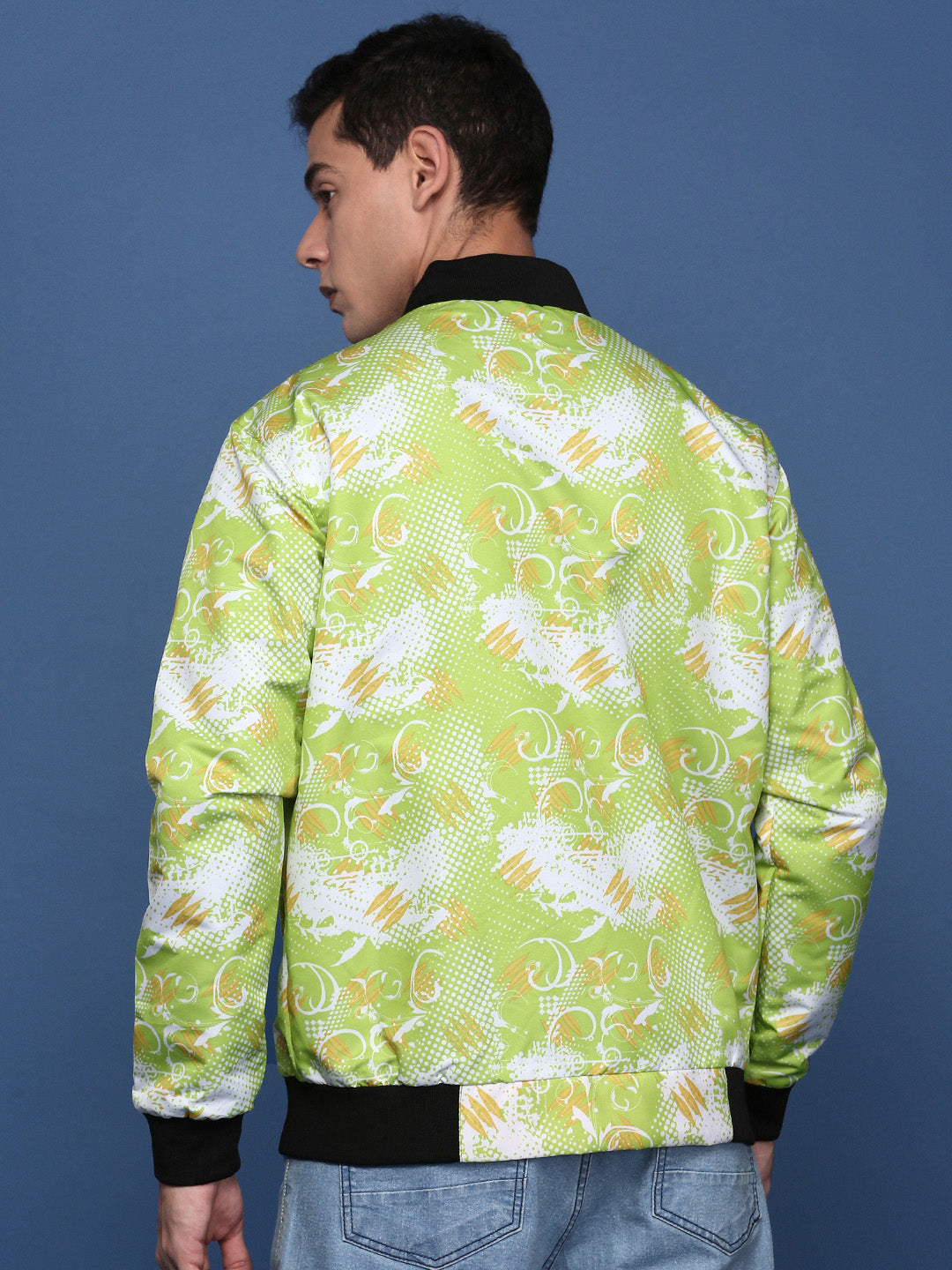 Men Printed Green Bomber Jacket