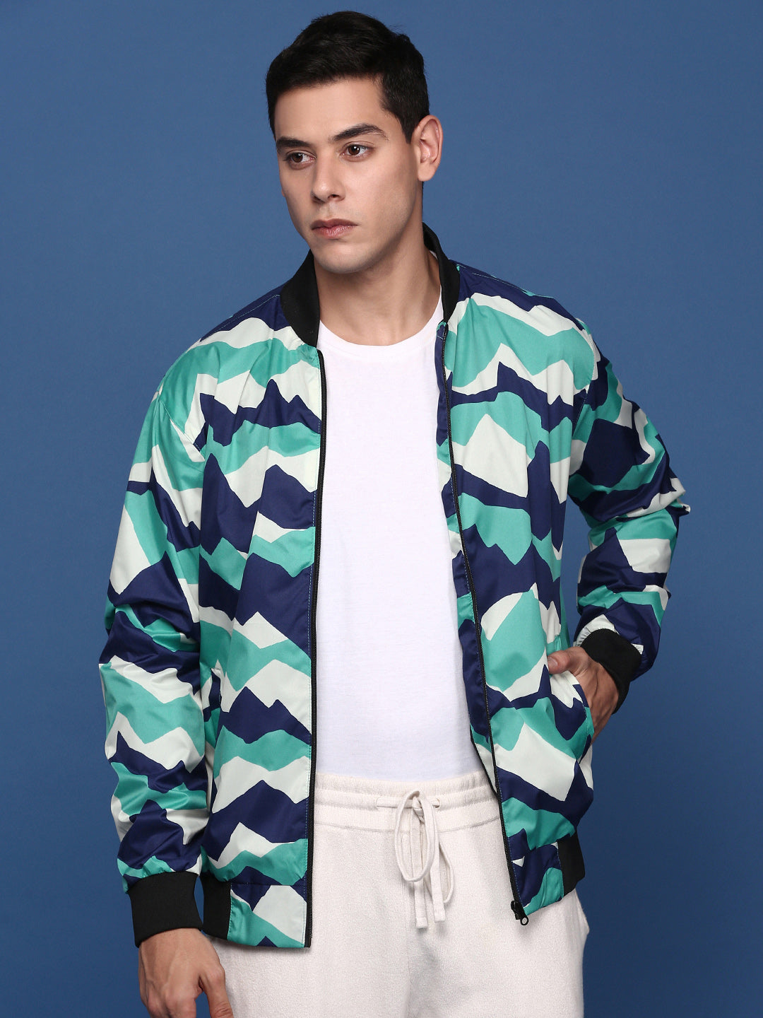 Men Printed Sea Green Bomber Jacket