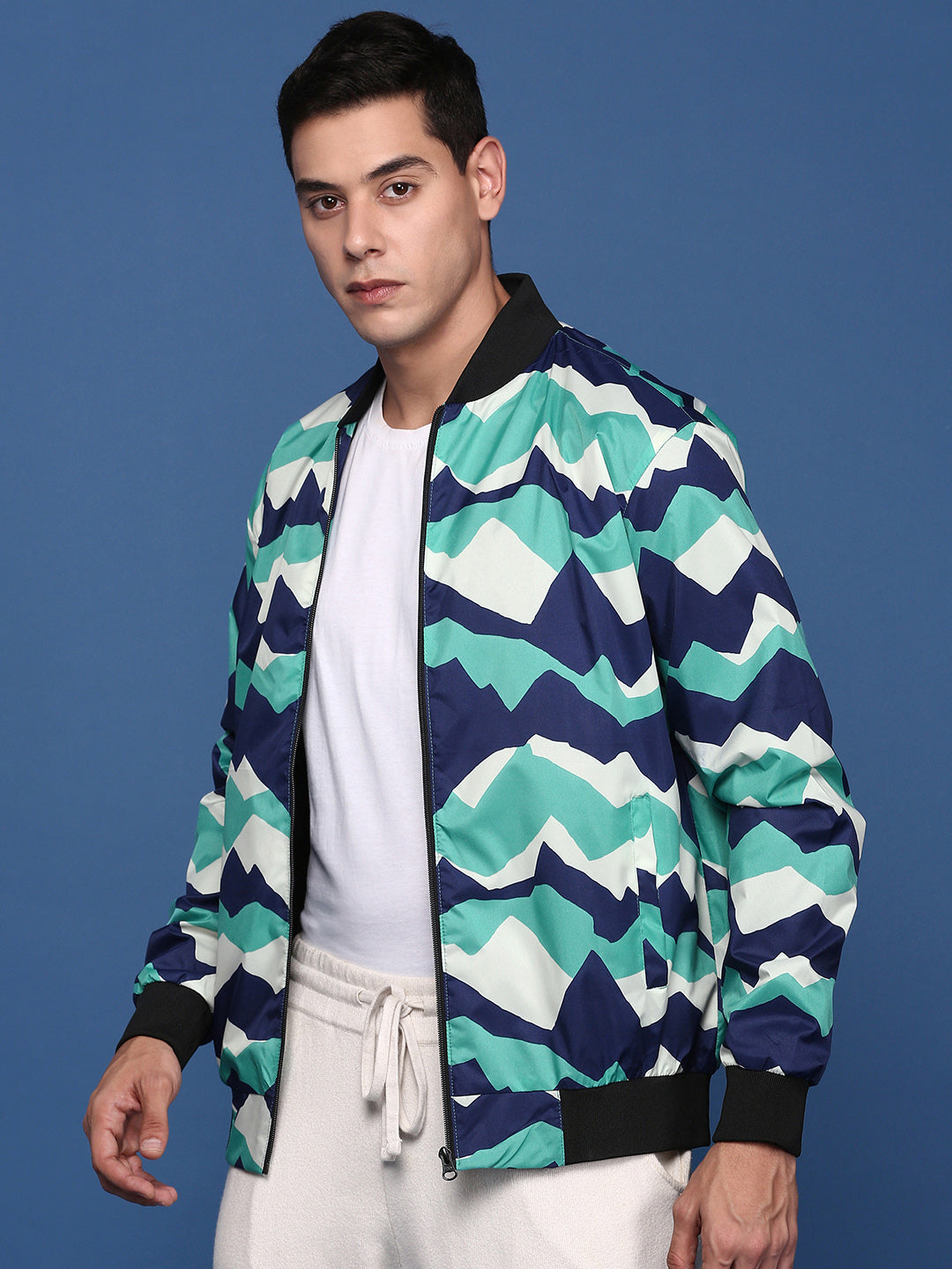 Men Printed Sea Green Bomber Jacket