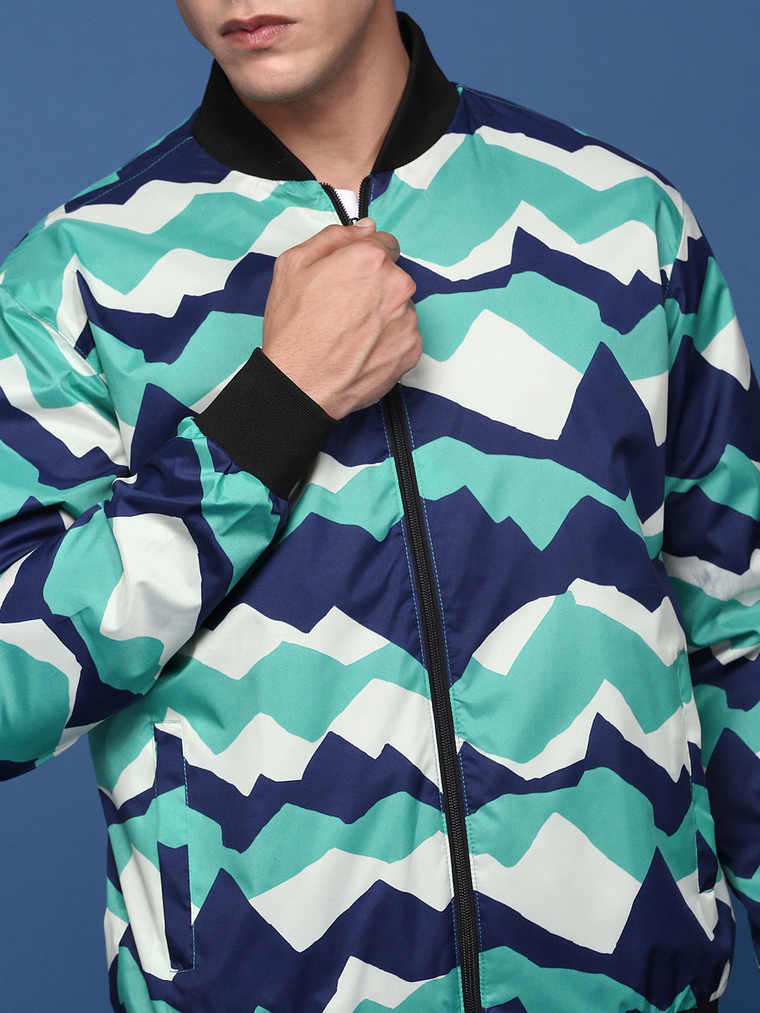 Men Printed Sea Green Bomber Jacket