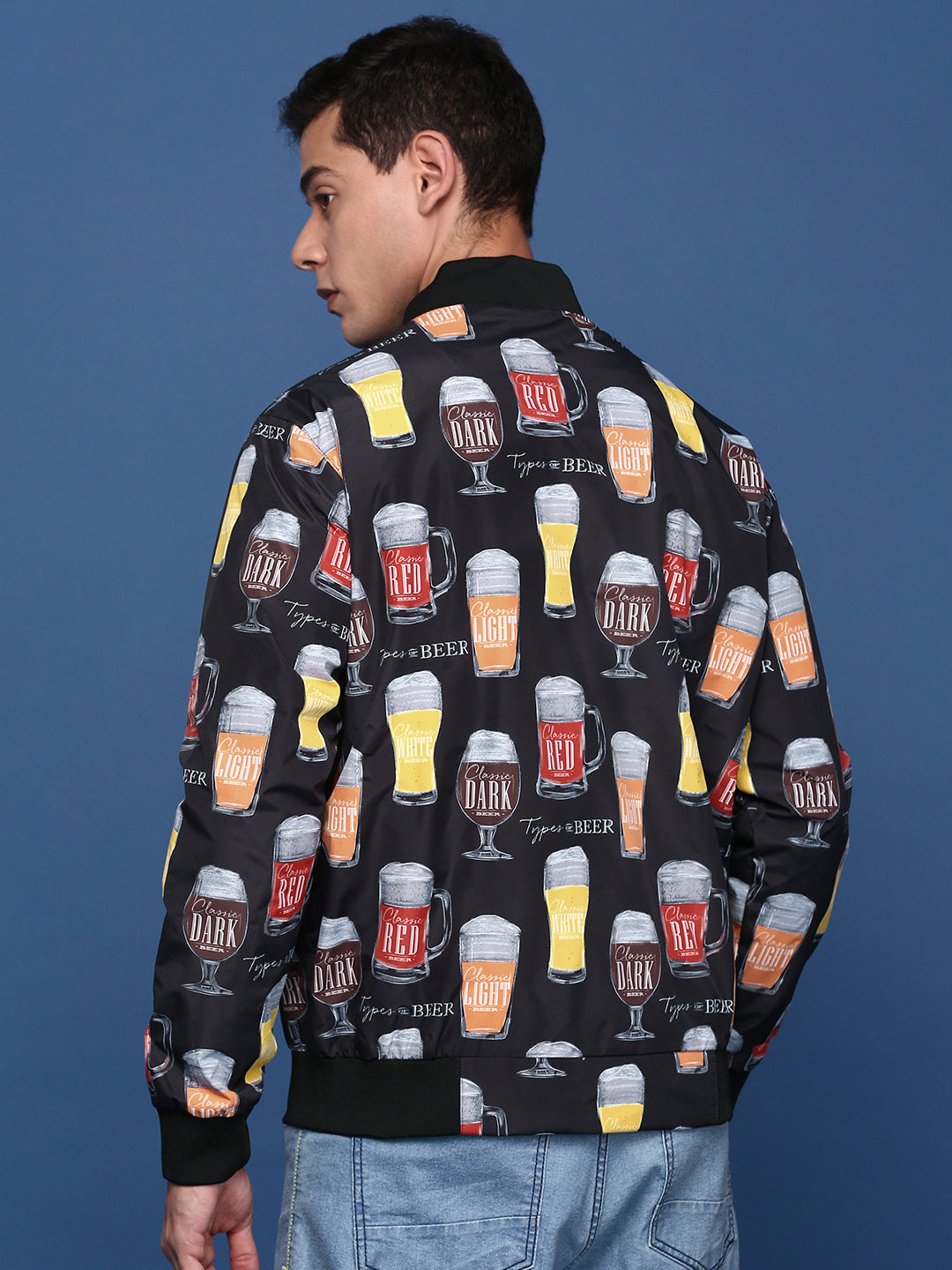 Men Printed Black Bomber Jacket