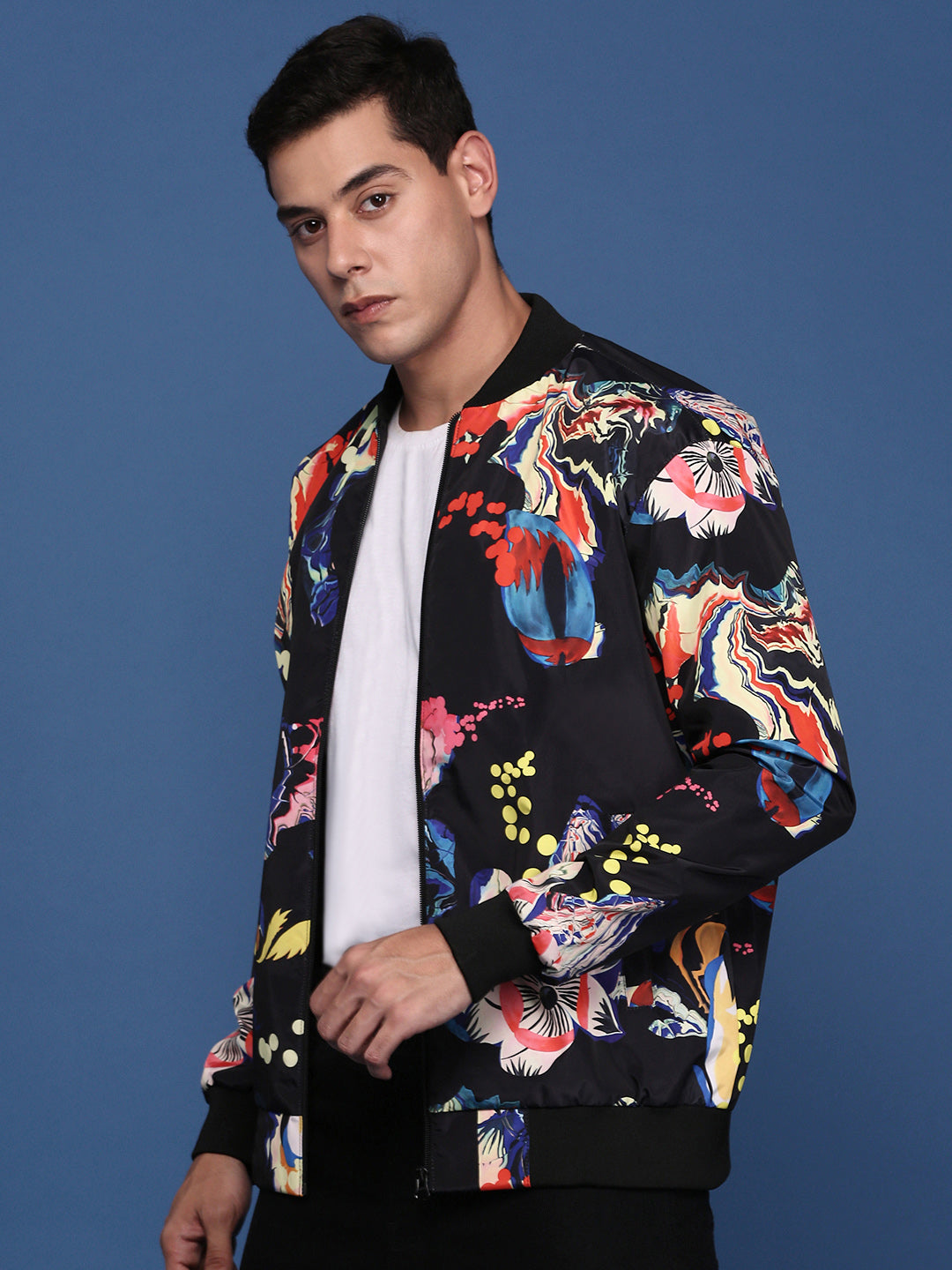 Men Printed Black Bomber Jacket